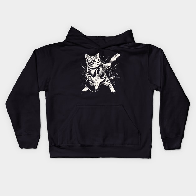 Funny Cat Playing on electric guitar guitariste Kids Hoodie by rhazi mode plagget